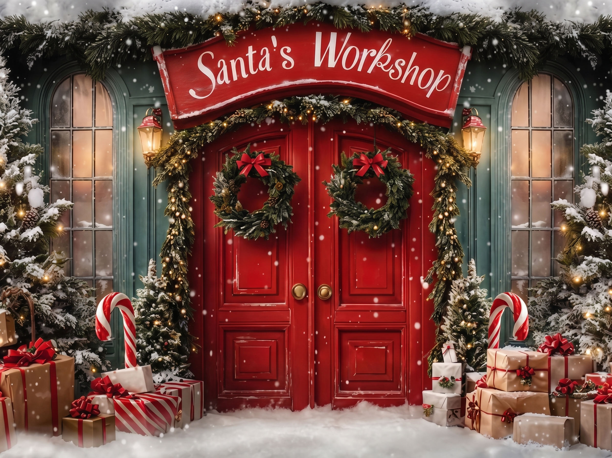 Santa's Workshop Doors Christmas Backdrop