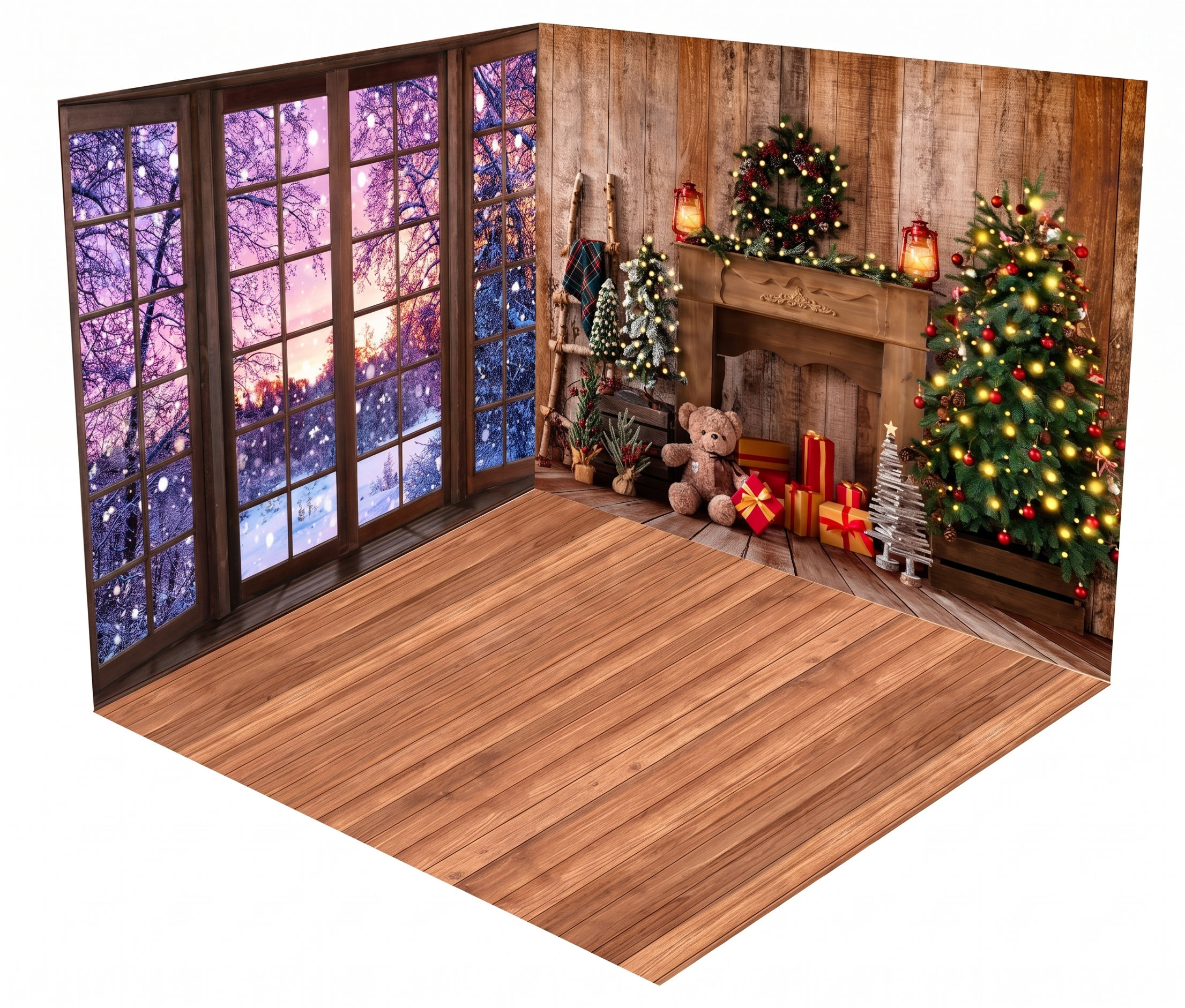 Rustic Winter Cabin Retreat immersive backdrop scene