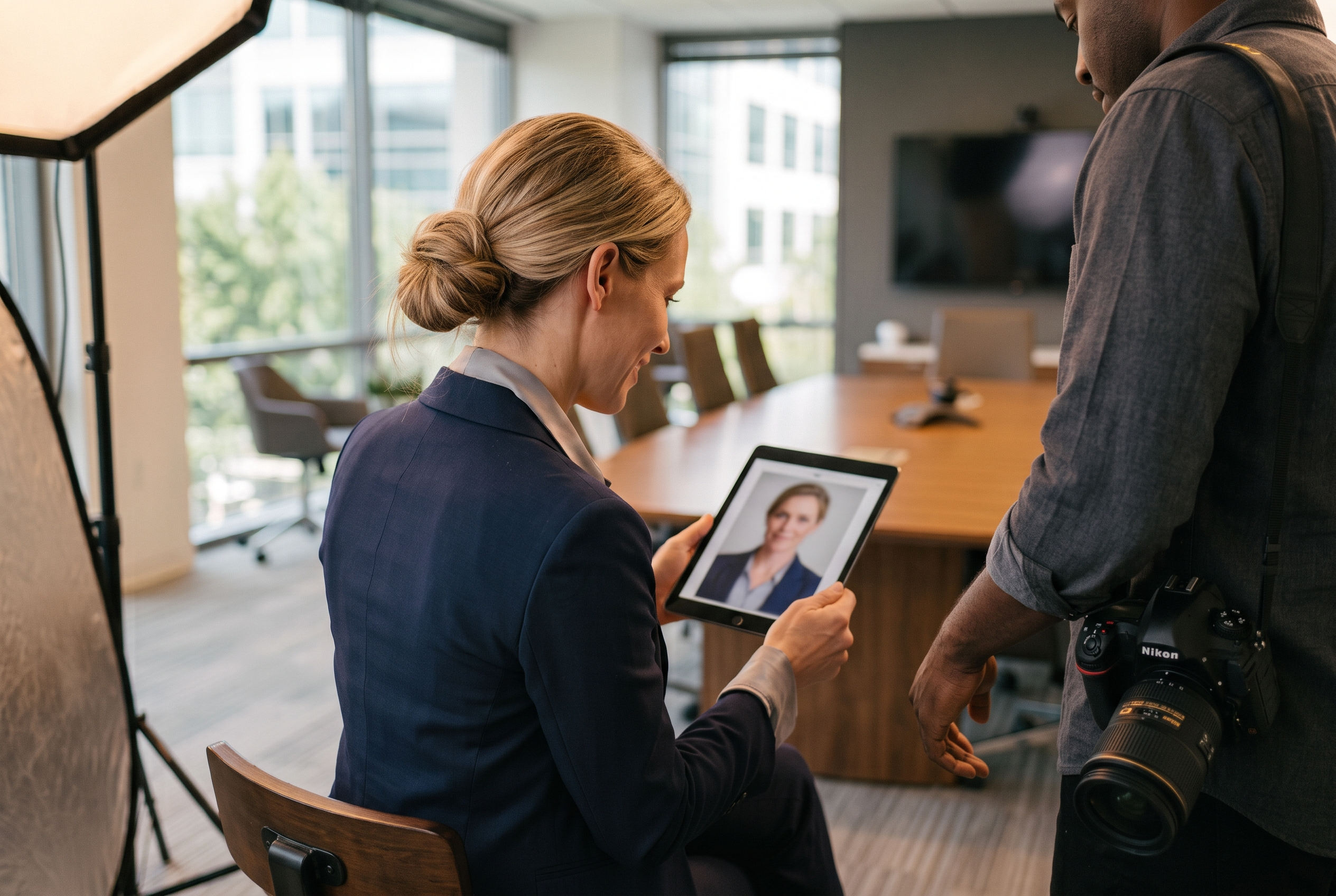 Employee choosing a headshot on a tablet during an on-site corporate session