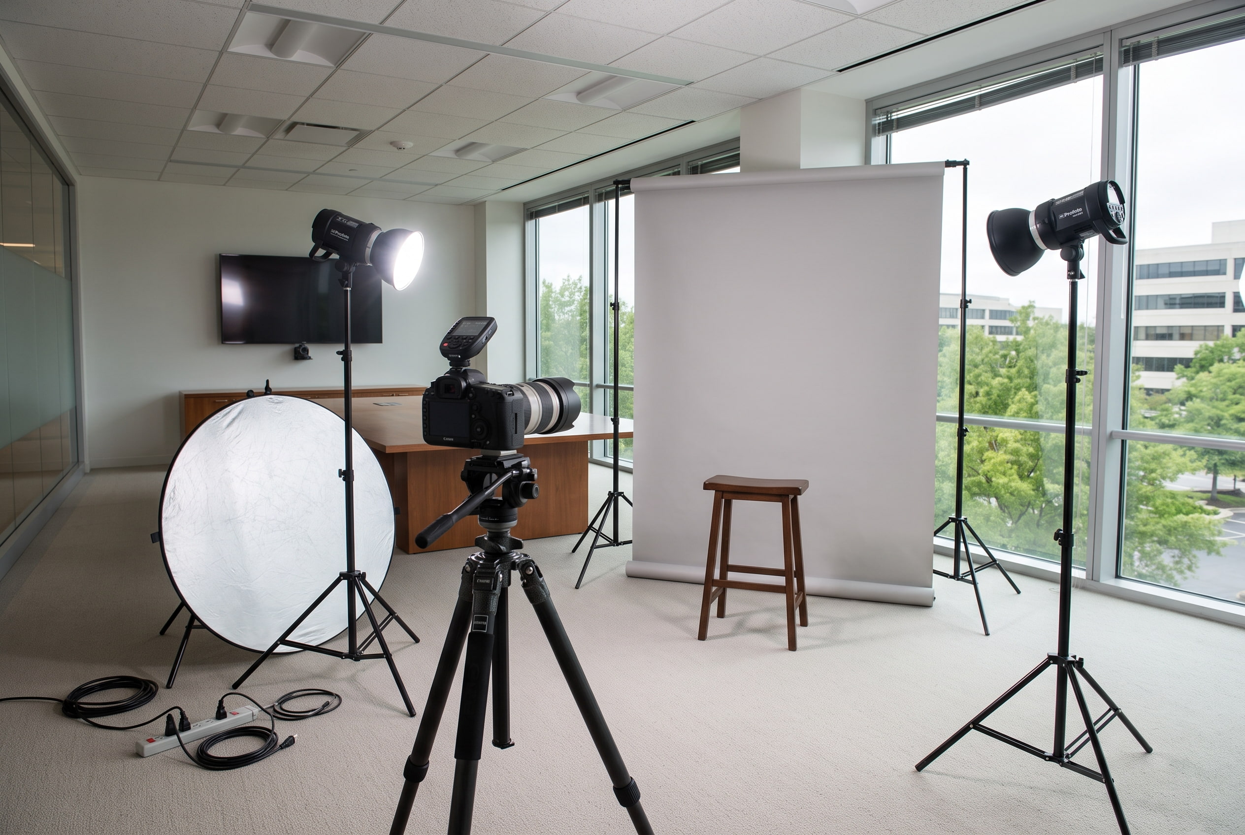 Portable headshot studio with lights and backdrop set up in a corporate conference room