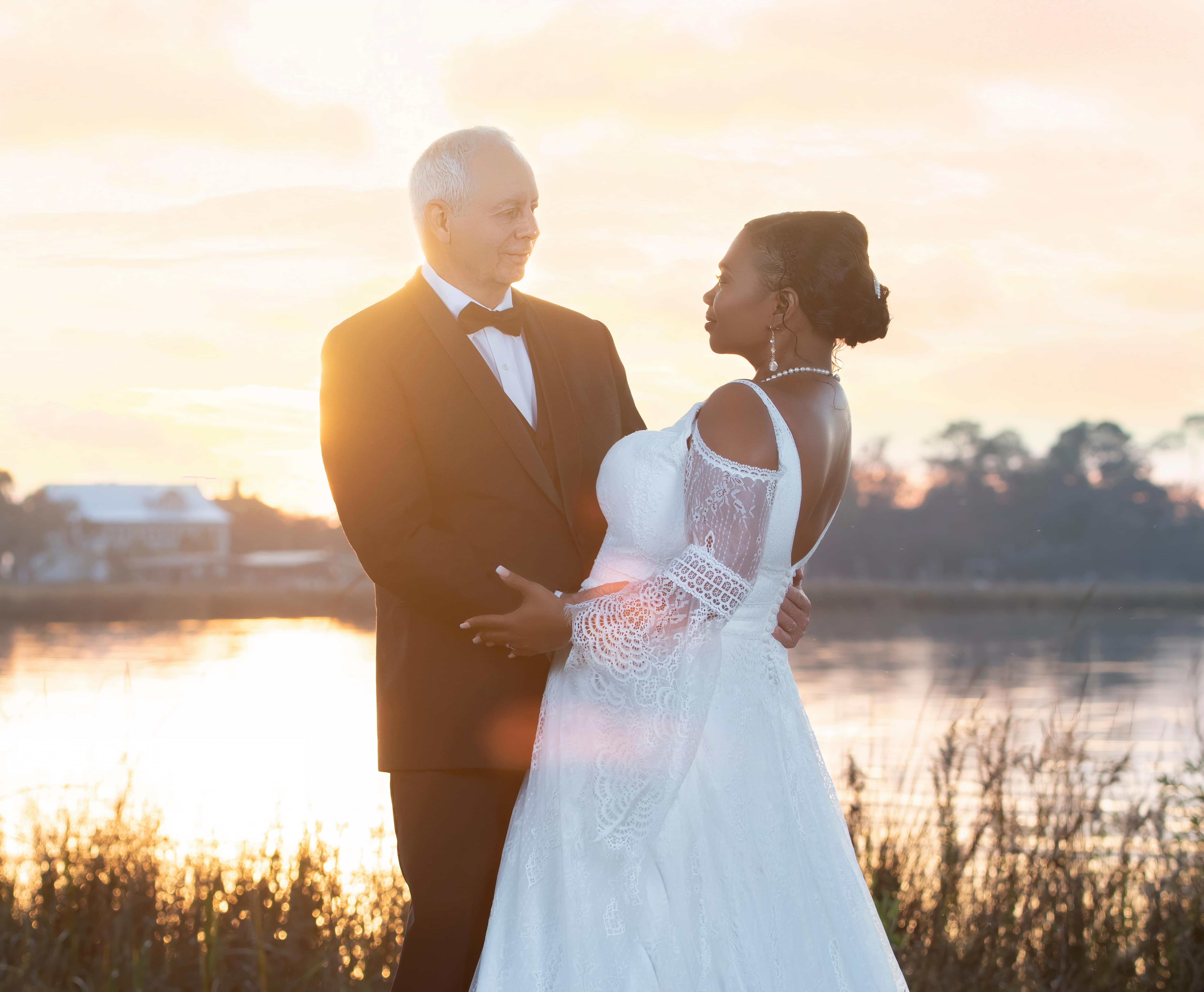 Post-wedding marsh sunset portrait photography