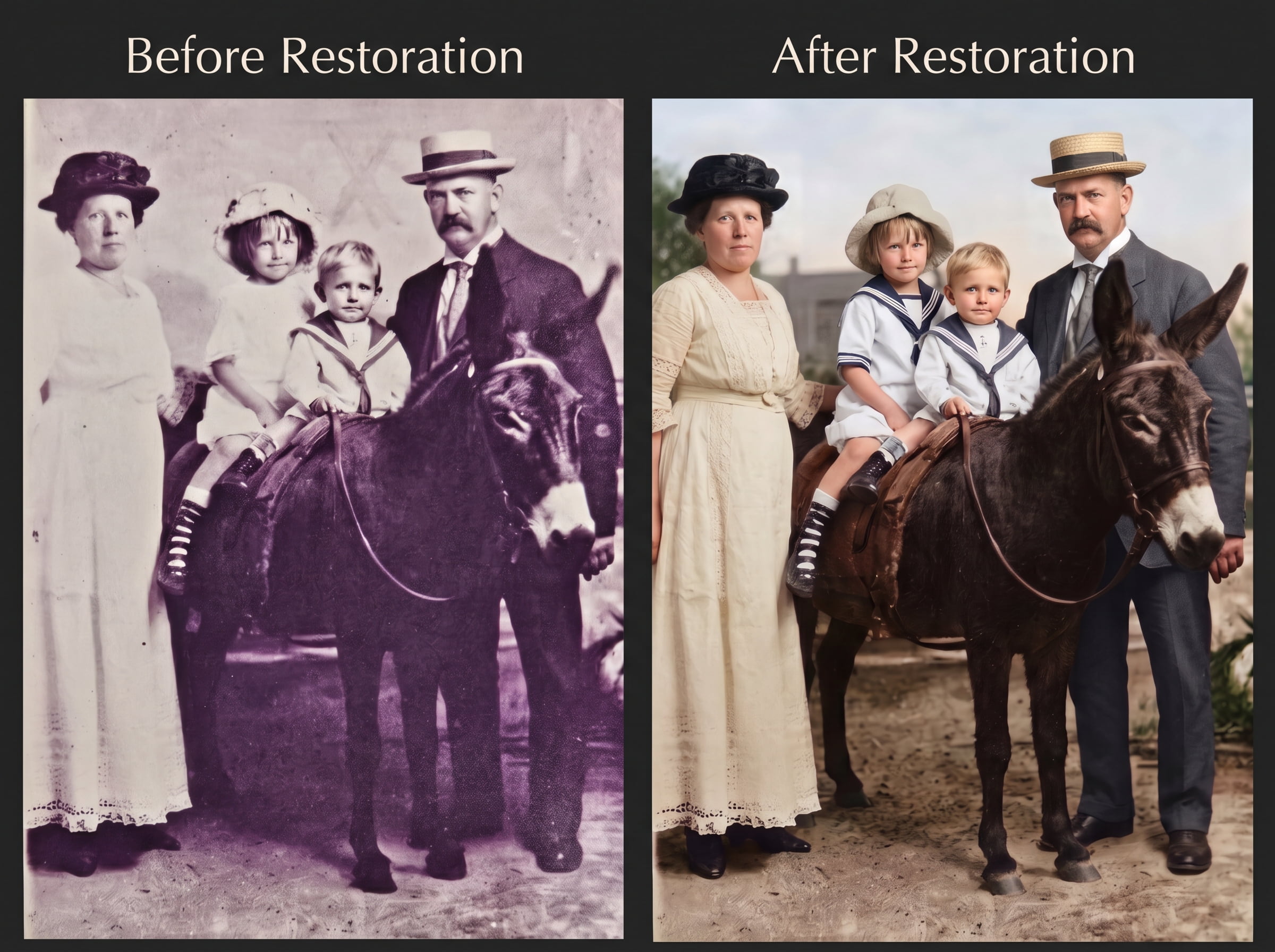 Before and after photo restoration by DP Photography LLC: early 1900s family portrait with children on a donkey, heavy damage repaired and fully colorized. Online photo restoration service.