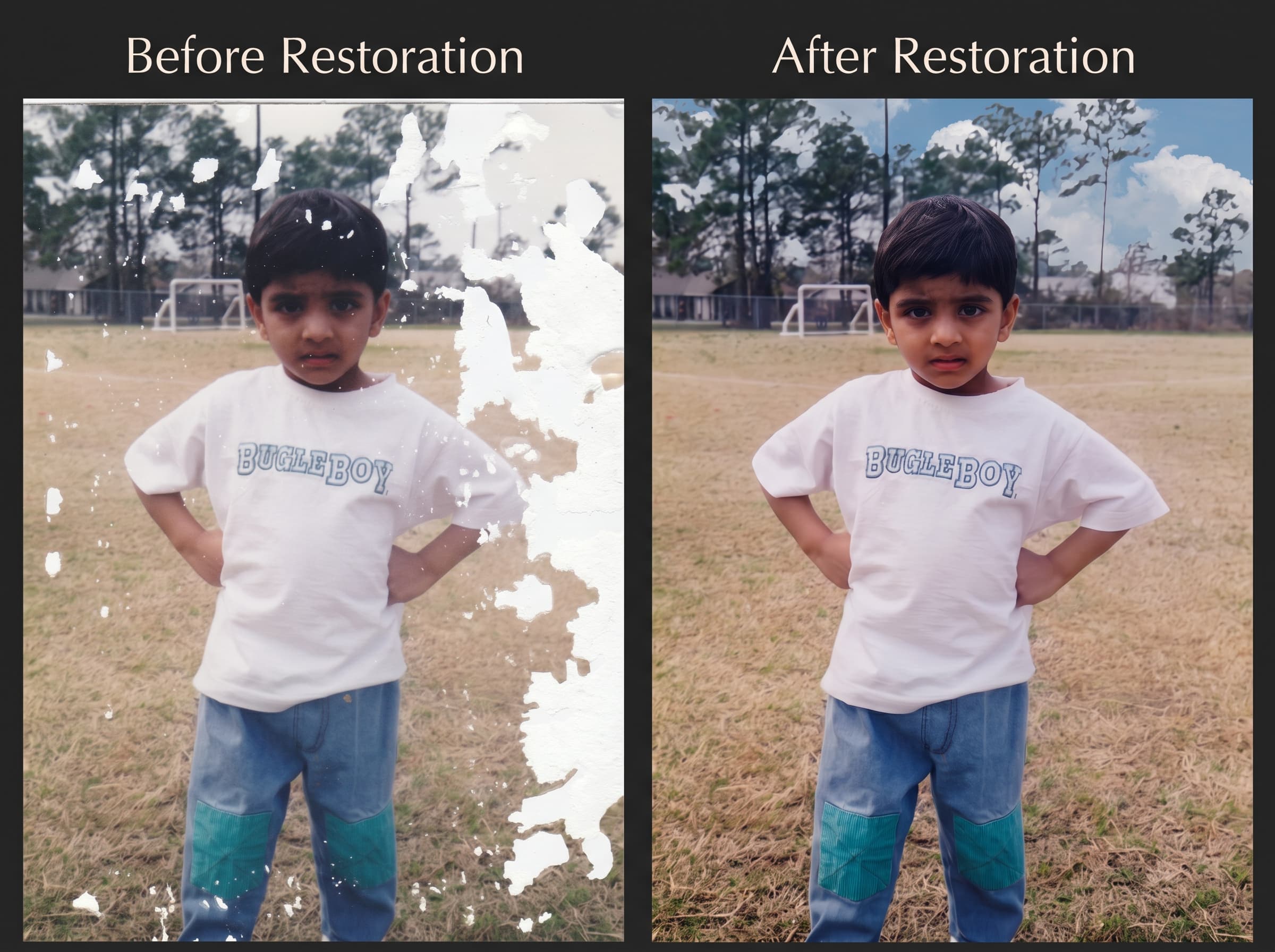 Online photo restoration before and after by DP Photography LLC: young boy's childhood photo with severe emulsion damage fully reconstructed. Nationwide photo restoration service based in Biloxi, MS.