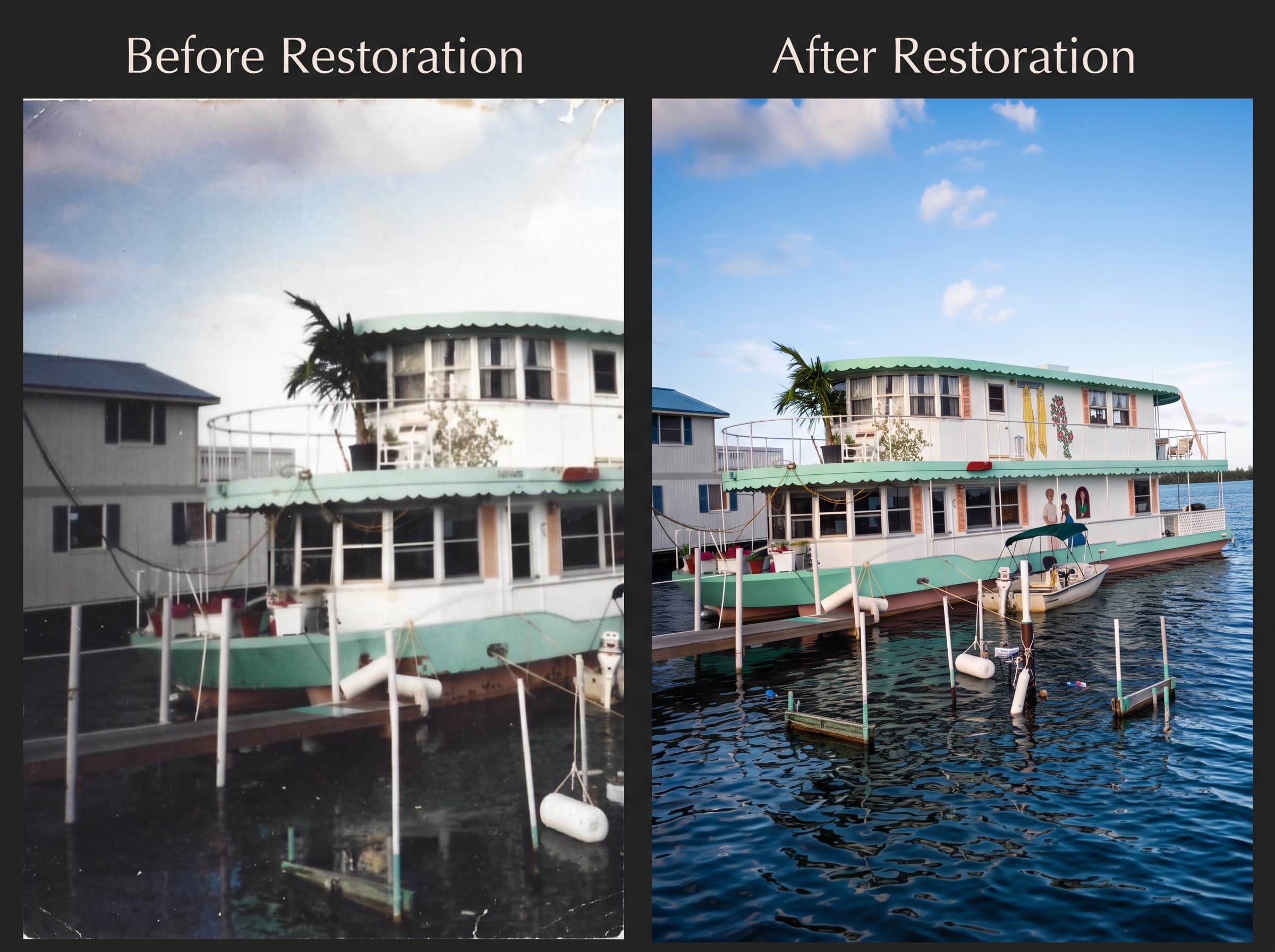 Before and after photo restoration by DP Photography LLC: faded houseboat marina photo restored to vivid blues and greens. Online photo restoration service.