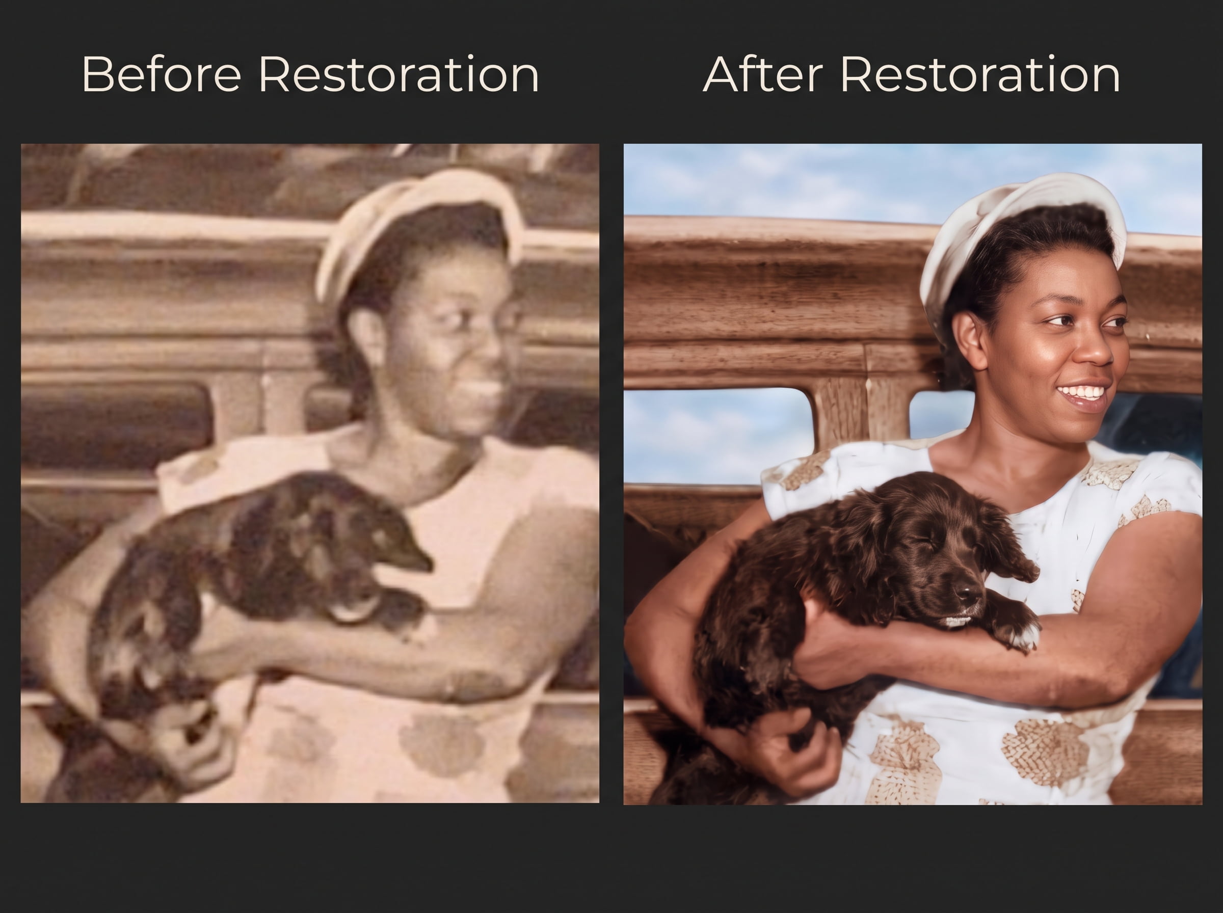 Before and after photo restoration by DP Photography LLC: faded vintage portrait of a woman with her dog restored with full color recovery. Online photo restoration service.