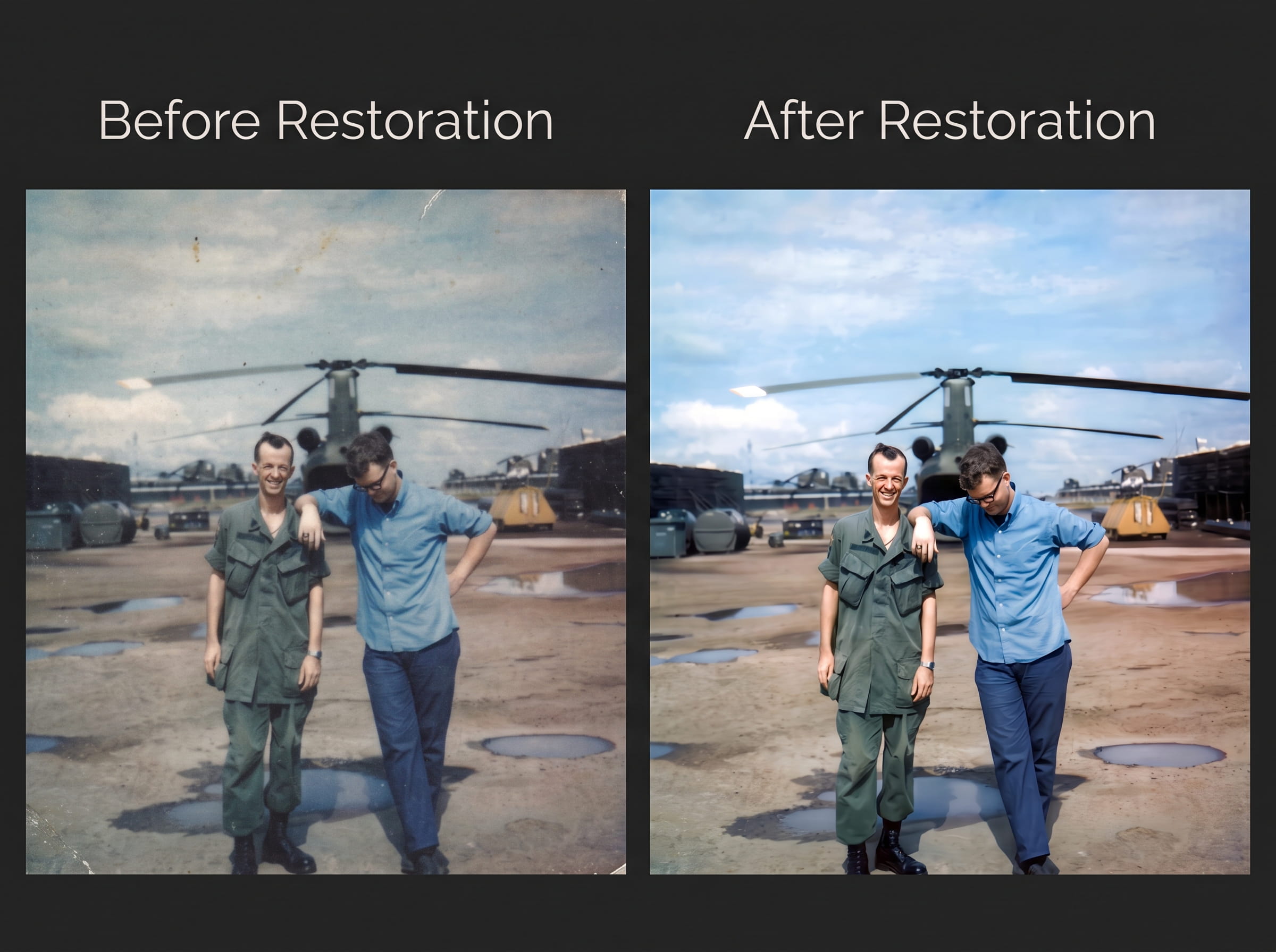 Before and after photo restoration by DP Photography LLC: Vietnam-era military photo of two servicemen in front of a Chinook helicopter, scratches and fading removed. Online photo restoration service.
