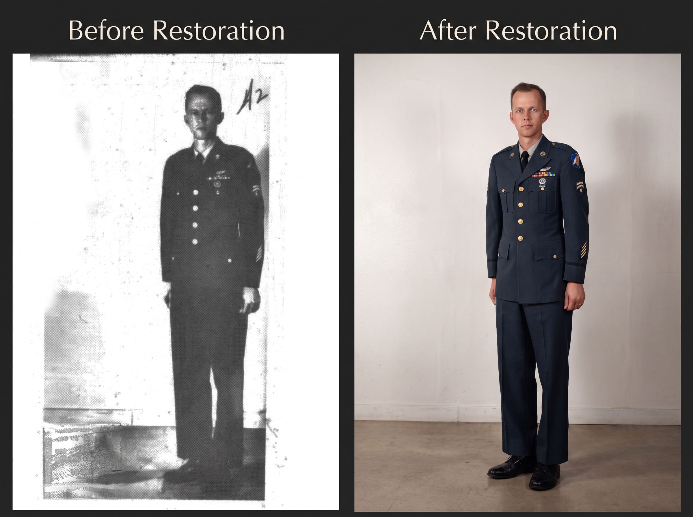 Before and after photo restoration by DP Photography LLC: serviceman's near-destroyed halftone print rebuilt as a studio-quality color portrait. Online photo restoration service based in Biloxi, MS.